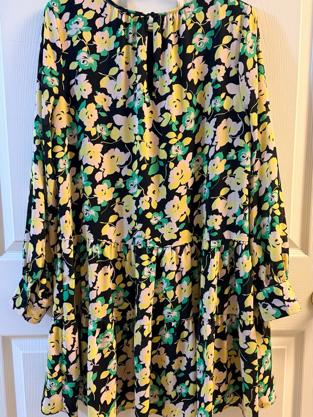 Who What Wear Black A-Line Tiered Skirt with Yellow & Green Floral Print